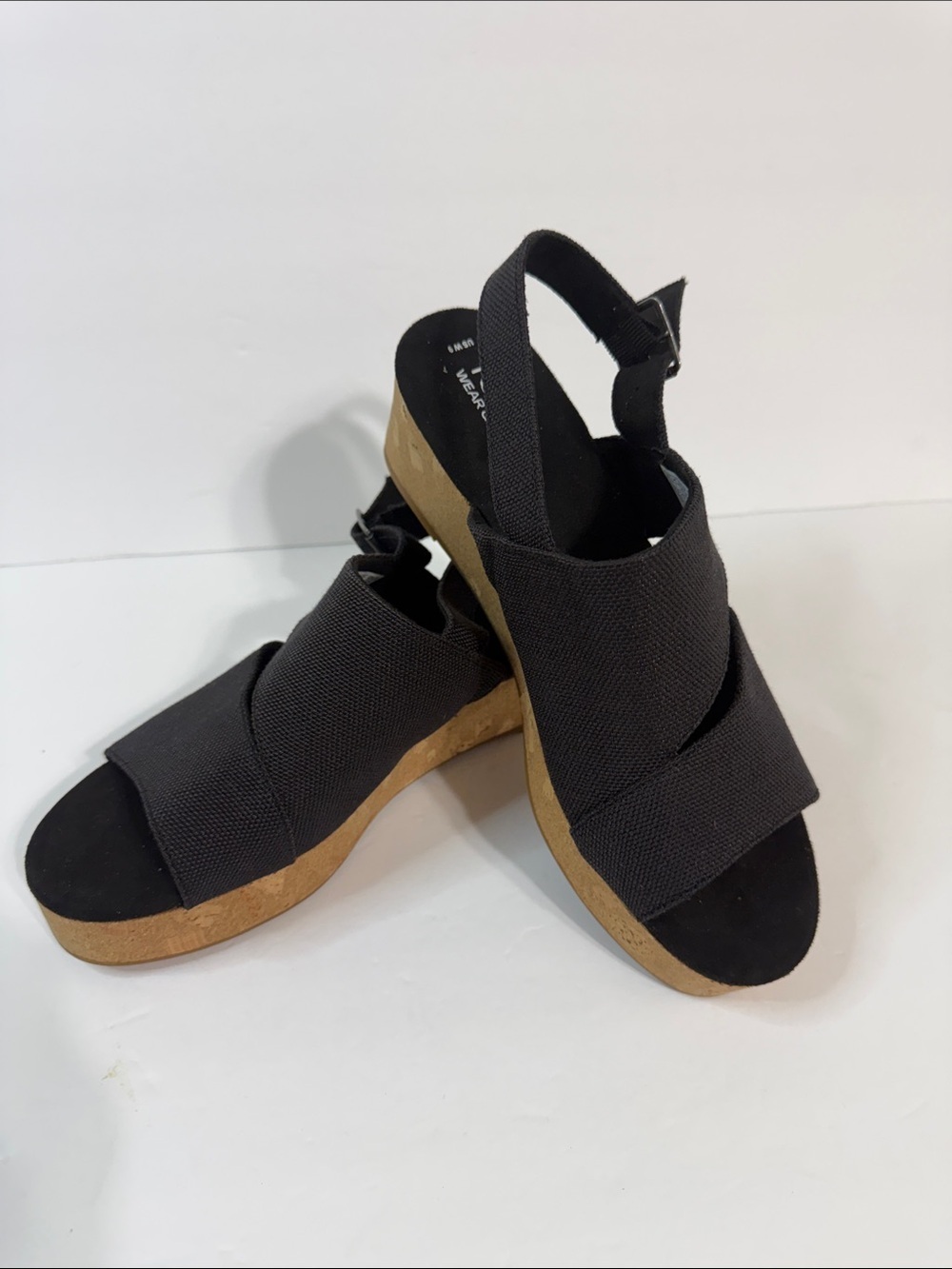 Toms Black Fabric Cork Wedge Sandals with Slingback